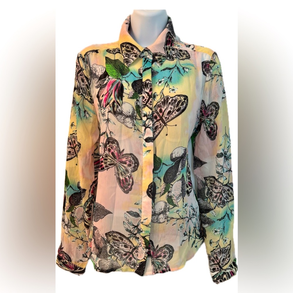 Signature Studio Butterfly Print Button Down Shirt - Multicolor
